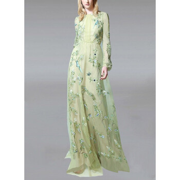 原创设计师女装女巫和骑优雅森系气质超仙重工绣花连衣裙2022春新款裙子 绿色 M