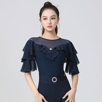 丹宝罗国标舞拉丁舞练功服简约圆领荷叶连体衣女士国标舞上衣春季 小
