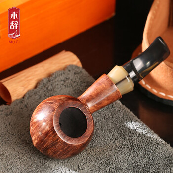 木辞 苹果石楠木烟斗9毫米烟道滤芯型弯式烟斗烟具含配件套装 深色光