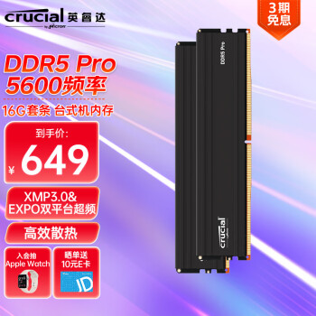 英睿达（Crucial）32GB（16GB×2）套装 DDR5 5600频率 台式机内存条Crucial Pro系列游戏马甲条