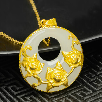 金甸福(jindianfu) 999足金玫瑰花金镶玉吊坠 和田玉平安扣黄金吊坠