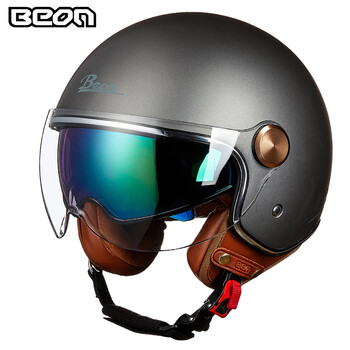 beon双镜片复古头盔男女四季摩托车哈雷半盔电动车机车安全帽冬季b120