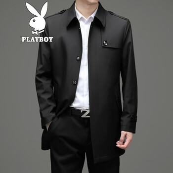 花花公子playboy风衣男中长款春秋新款休闲时尚商务外套中青年时尚