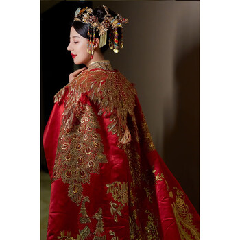 秀禾服新娘新款披肩大披风长拖尾结婚中式婚礼服古装2米凤凰霞帔均码