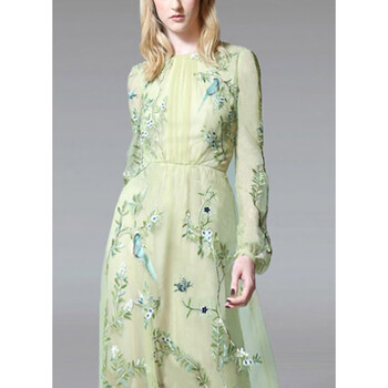 原创设计师女装女巫和骑优雅森系气质超仙重工绣花连衣裙2022春新款裙子 绿色 M