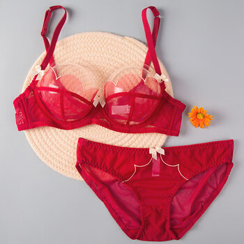 shinokoo四季透明胸罩全透文胸套装性感内衣女蕾丝薄款大胸显小 酒