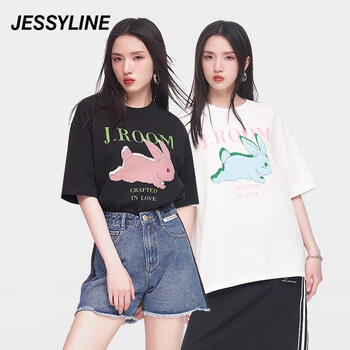 Jessy line杰茜莱宽松卡通字母纯棉t恤女2023年夏新款百搭上衣潮 商场同款 白色 M/165
