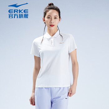 鸿星尔克简约女翻领舒适短袖衬衣学生t恤运动服 52222292152 正白 l