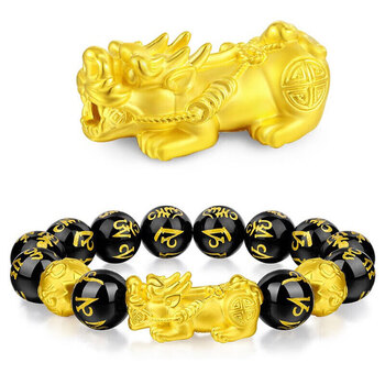 越南沙金3d硬金貔貅手链串男女不掉色黑曜石转运佛珠首饰福禄双全六字