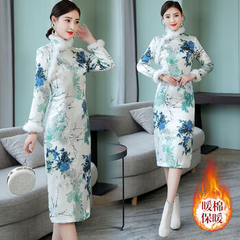 【连衣裙女秋冬款】旗袍冬款加厚改良旗袍连衣裙气质复古中国风女装裙 116 加绒保暖 M 可穿