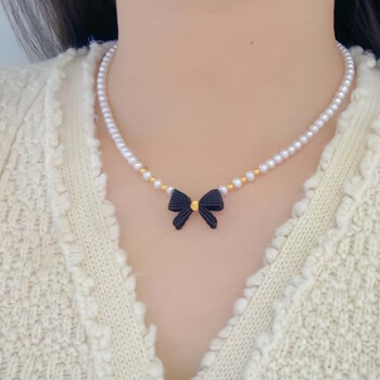 禧臣黄金蝴蝶结珍珠项链女士新款999足金转运珠编织锁骨链生日送女友