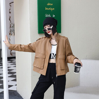 永司 短款皮衣外套女秋季新款宽松立领时尚大口袋绵羊皮真皮上衣潮