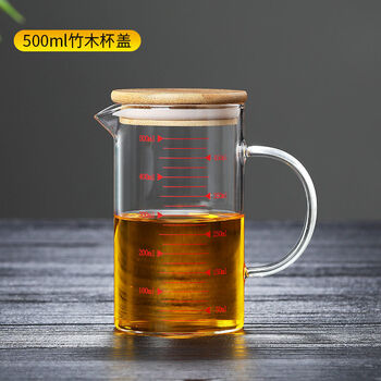 带刻度杯子厨房家用毫升带盖耐高温透明玻璃量杯500毫升竹盖红色标