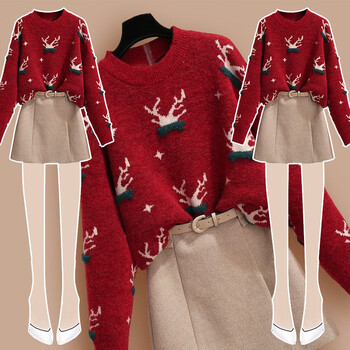 倩茵诗 红色新年圣诞套装女2021秋冬新款女装韩版时尚宽松复古慵懒风针织衫毛衣短裙两件套套装裙p52 毛衣 S(建议100斤以下)