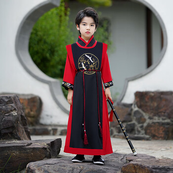 汀梵娜汉服男童2022新款冬款加厚古装儿童唐装中国风国学书生服鹤鸣黑