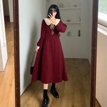 【保暖显瘦】【女装新款】秋季灯芯绒复古娃娃领蝴蝶结裙子2021年新款韩版腰带文艺连衣裙女【有运费险】 酒红色 L