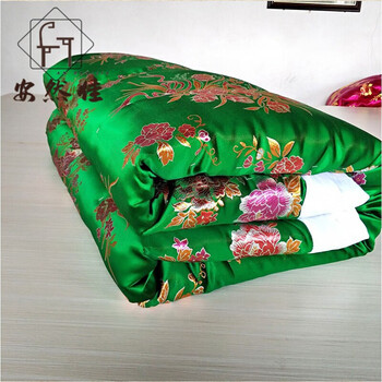 棉花传统丝绸绸缎喜被复古双人加厚保暖 深绿牡丹全花 老式白棉被里
