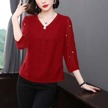 女人穿的夏季夏天衣服中年妈妈气质女装雪纺衫时尚领衬衣红色m80100斤