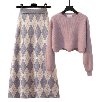 【特价捡漏】恒源祥网红同款秋冬季连衣裙套装裙子秋冬装套装2021新款潮女装百搭毛衣显瘦半身 红色毛衣+灰色半身裙 【两】 M 【建议80-100斤】