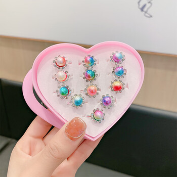 卡通儿童戒指塑料玩具指环女童公主风宝宝礼盒装礼物可爱 渐变珍珠(12