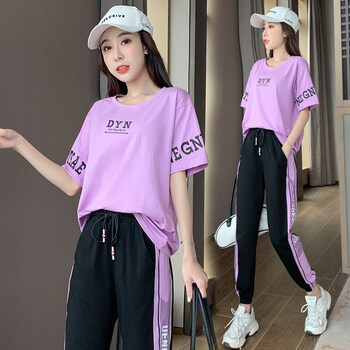 官方运动服套装女潮牌时尚夏天纯棉年新款宽松韩版洋气休闲两紫色m