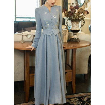 原创设计师女装女巫和骑士中国风修身时尚气质假两件2021冬季新款长袖连衣裙长裙 蓝色 XL