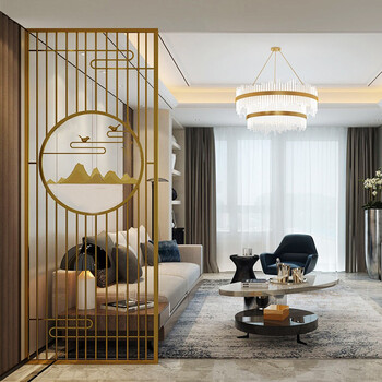 铁艺屏风隔断墙轻奢不锈钢金属客厅简约现代玄关中式花格装饰镂空款式