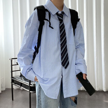 pgku条纹衬衣男潮流帅气蓝色外套学院风免烫上衣衬衫c02蓝色条纹送