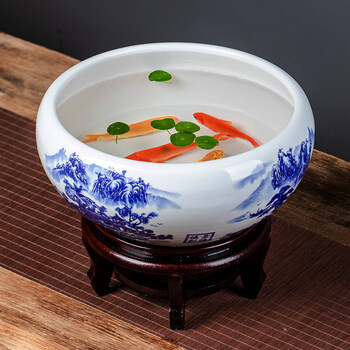 景德镇陶瓷鱼缸大号青花手绘金鱼缸碗莲缸乌龟缸鱼盆家居装饰摆件青花