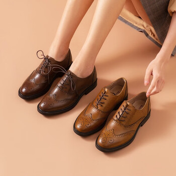 beautoday2022春季真皮布洛克鞋复古女士小皮鞋女英伦风牛津鞋深口单