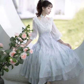 新款仙气飘飘森系鸢尾花洛丽塔洋装优雅温柔风露肩连衣裙 白色裙子 s