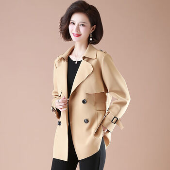 小个子风衣外套女短款中老年女士春装妈妈装洋气上衣长袖卡其色xl码