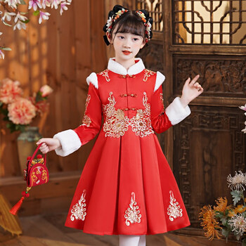 服中国风冬装旗袍加绒新年衣服儿童连衣裙小女孩唐装708款大红加绒140