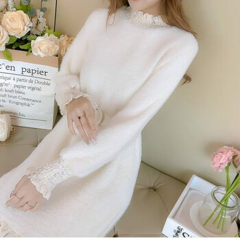 【女装新款】半高领连衣裙女2021秋装新款韩版中长款蕾丝拼接时尚毛绒打底衫女 粉色面料 XL