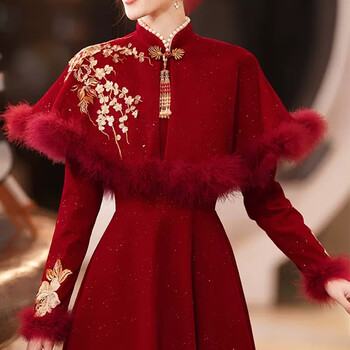 凡霖敬酒服新娘2022新款冬季长袖结婚披肩加厚秋冬礼服裙女酒红色s