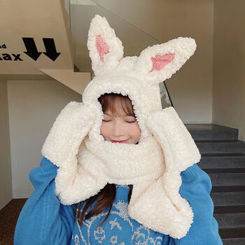 网红兔子帽帽子男秋冬潮毛绒兔子围巾帽可爱百搭学生防寒头套保暖常规