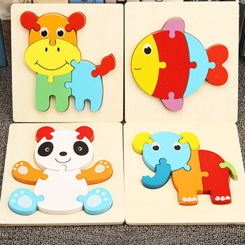 动物拼图木头的玩具宝宝3d立体男女孩木质积木拼图儿童早教235岁小牛