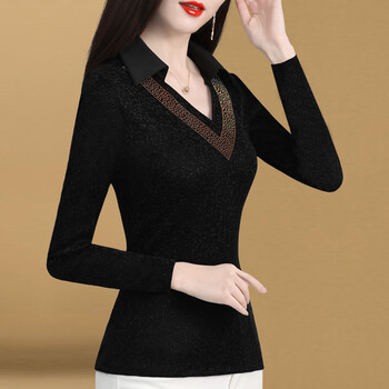 蕾丝打底衫女秋冬内搭2022年新款洋气时尚长袖加绒加厚v领上衣黑色