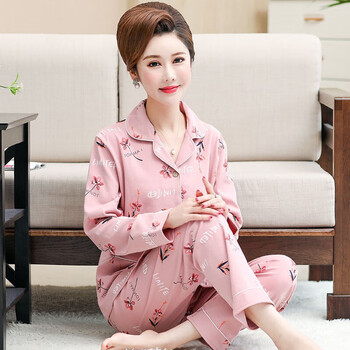 睡裤春秋季睡衣女秋长袖中老年老人妈妈中年加大码棉质家居服套装