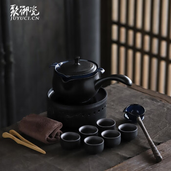 聚御瓷 电陶炉煮茶器 陶瓷侧把煮茶壶 黑茶普洱煮茶器 自动煮茶器养生壶 黑陶福缘侧把壶居有竹电陶炉6杯