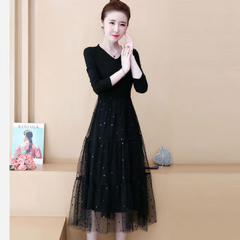 【女装新款】女装秋冬季简约针织裙子松紧腰打底拼接网纱连衣裙V领T恤 黑色【S1】 L 【95-110斤】