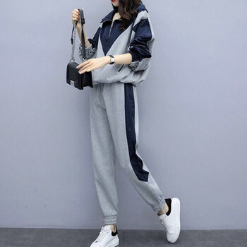 免费试穿大码女装拼接休闲运动卫衣套装女2021年秋冬新款胖MM宽松两潮 灰色【常规款】 L 建议95-110斤