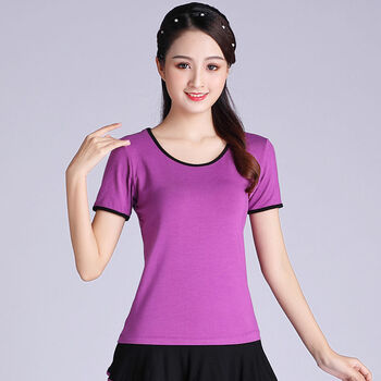 亲肤舞服2021广场舞服装新款春夏莫代尔短袖纯色圆领上衣舞蹈服练功女