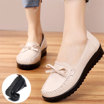 吉普jeep妈妈鞋春季软底防滑单鞋中老年鞋女士皮鞋一脚蹬休闲豆豆鞋米