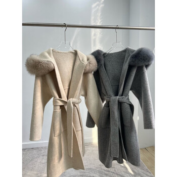 芈昌10羊驼绒90羊毛加长款羊毛大衣睡袍荷兰狐狸毛领羊绒外套女灰s105