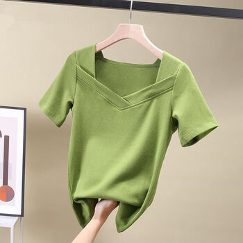 短袖t恤女v领纯色修身学生抹茶绿潮2020春夏新款韩版短款上衣 绿色v m