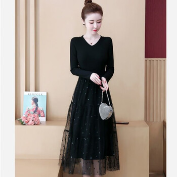 【女装新款】女装秋冬季简约针织裙子松紧腰打底拼接网纱连衣裙V领T恤 黑色【S1】 L 【95-110斤】