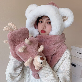 云见森知 帽子女冬季连帽围巾一体秋冬天护耳保暖围脖毛绒可爱小熊手套 豆沙色-卡通熊三件套