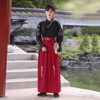 男传统汉服男套装仙气飘逸古装男士婚庆礼服古风结婚全套女 黑上衣 红
