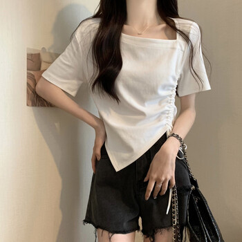 森上优集显瘦t恤女斜角设计感不规则短袖恤女夏季胖短款黑色上衣 白色